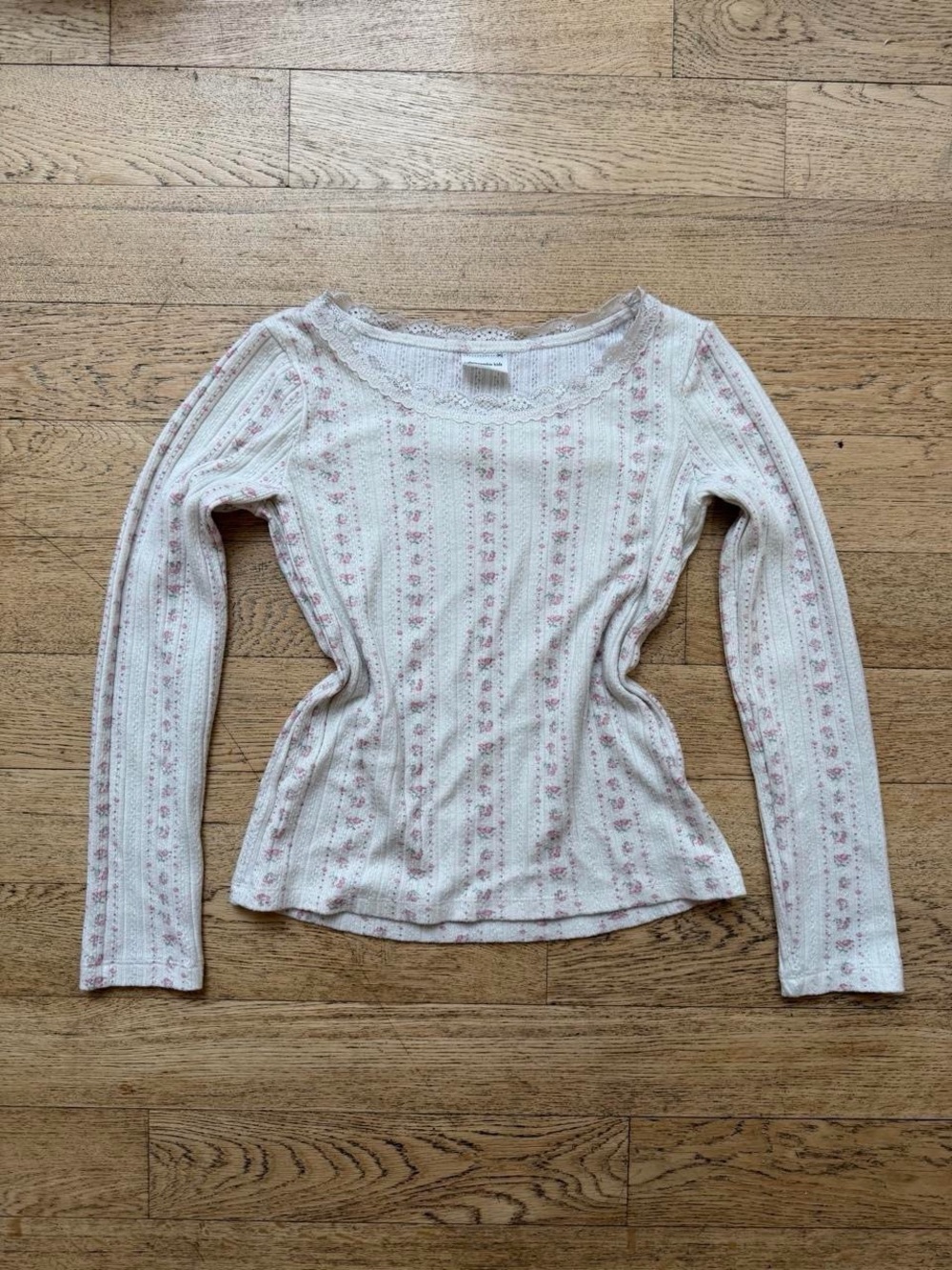 abercrombie kids Cream Ribbed Long-Sleeve Top with Pink Floral Stripe